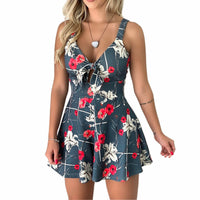 chest bow tie printed loose jumpsuit